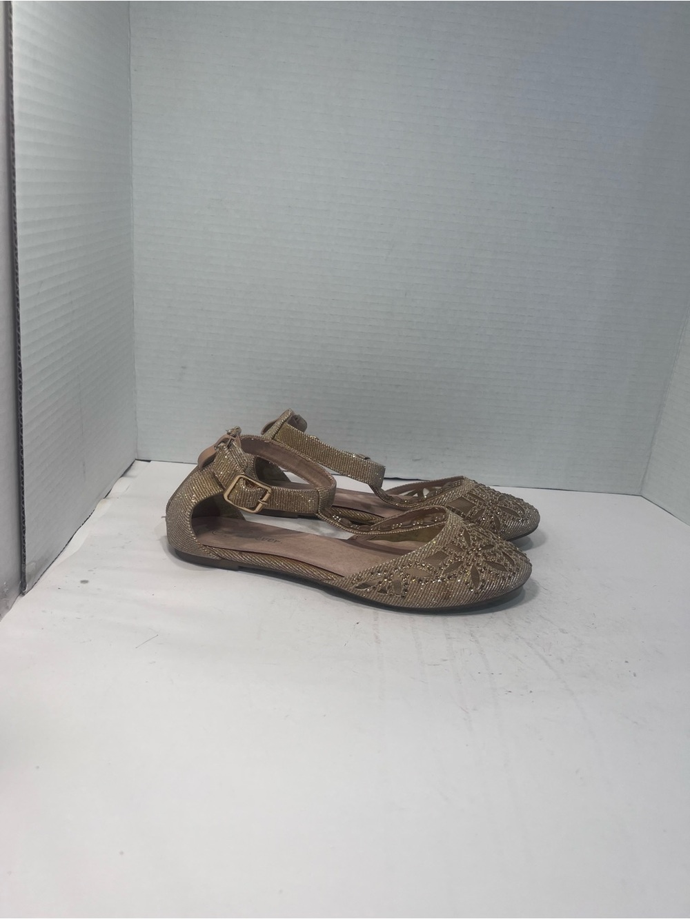 Women’s Metallic Tan T-Strap Embellished Flats